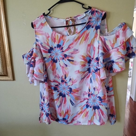 Blouse with cold shoulder and splashes of colors size L - Picture 1 of 6